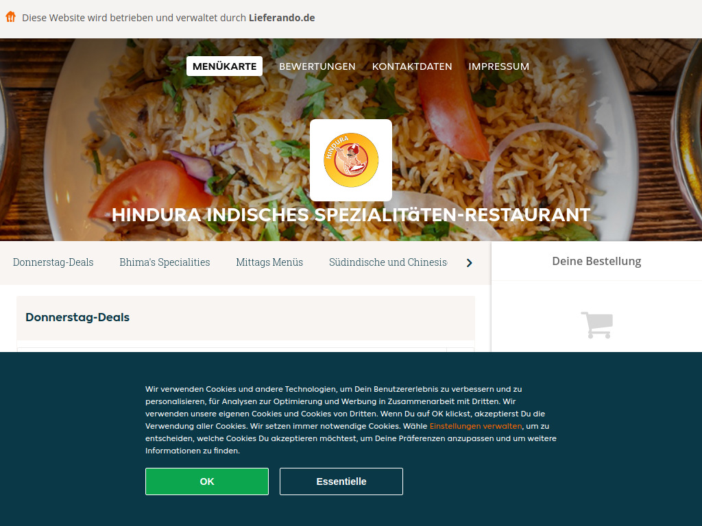 Website von Hindura Indisches Spezialitäten-Restaurant - Essen online bestellen in München