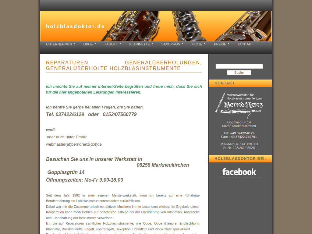 Website von Holzblasinstrumentenbau Bernd Renz in Markneukirchen