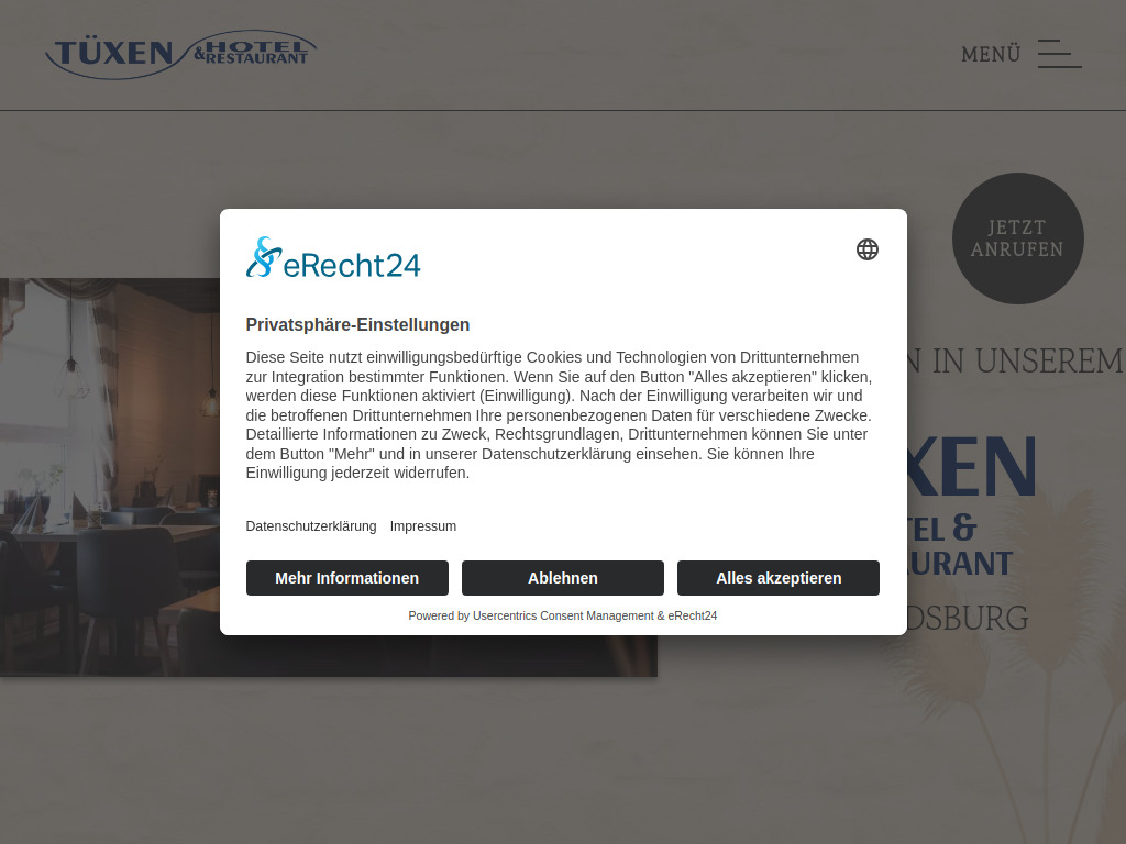 Website von Tüxen - Hotel und Restaurant in Rendsburg