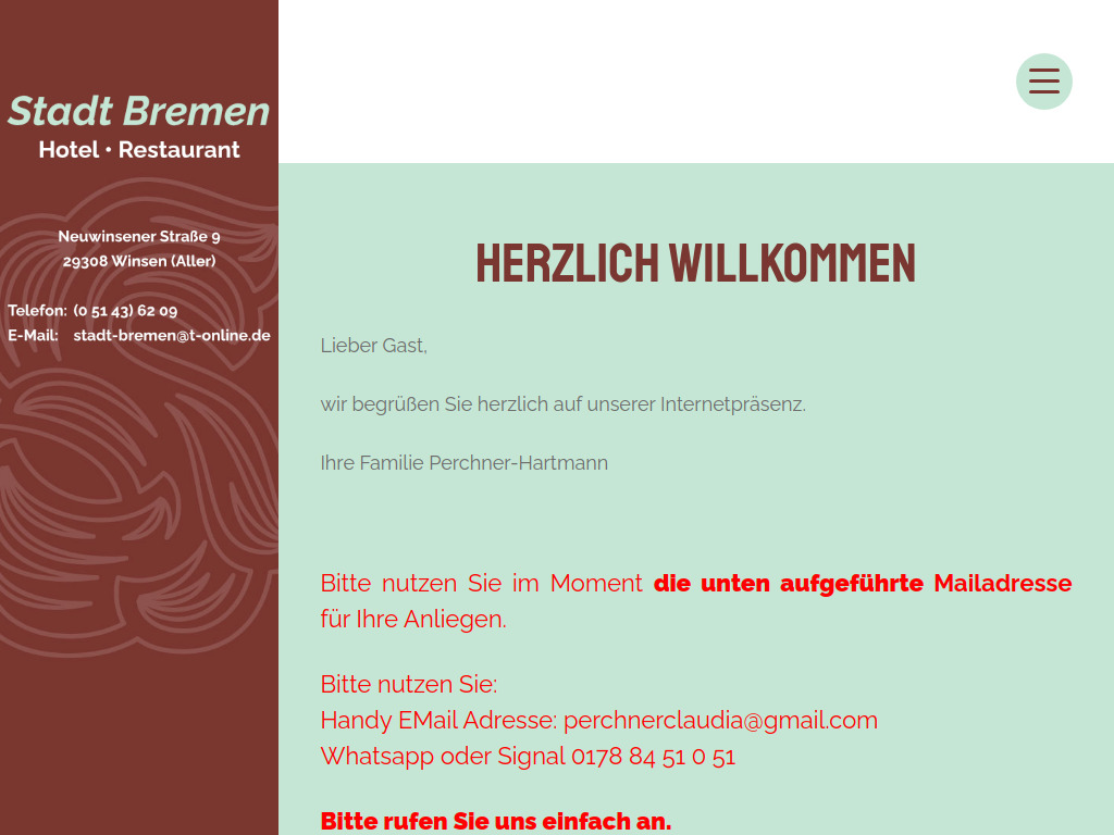 Website von Hotel - Restaurant "Stadt Bremen" Claudia Perchner e. K. in Winsen (Aller)