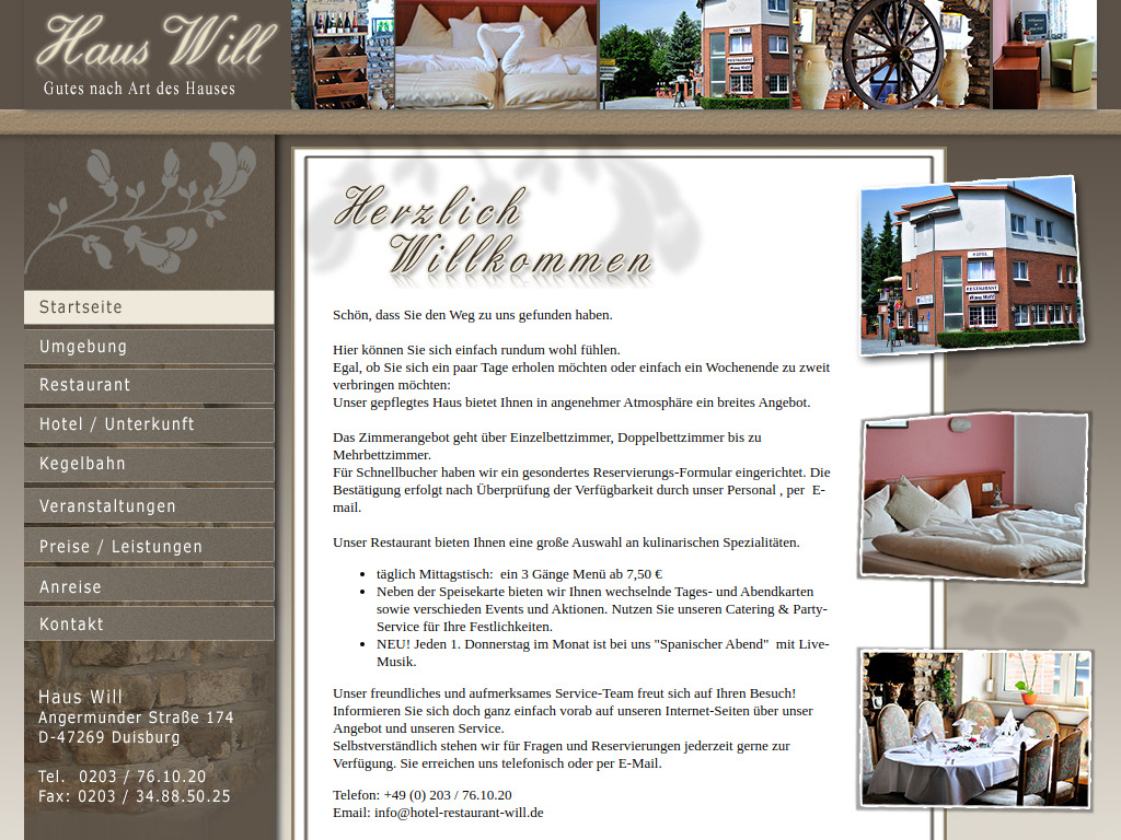 Website von Hotel Restaurant Haus Will in Duisburg