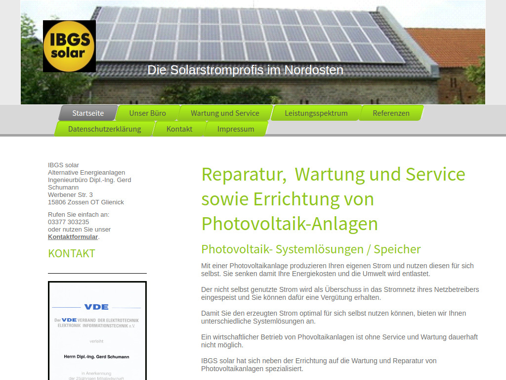 Website von IBGS solar in Zossen OT Glienick