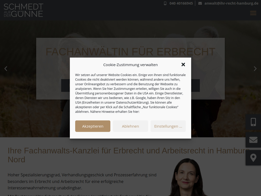 Website von Rechtsanwältin Tanja Schmedt auf der Günne in Hamburg