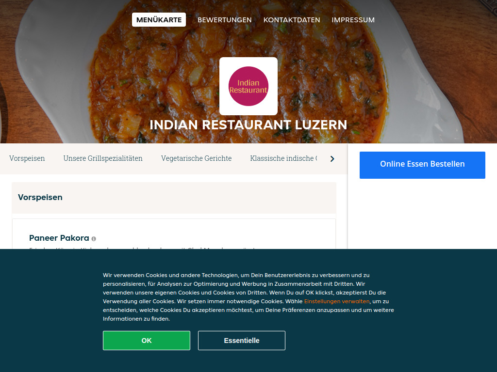 Website von Indian Restaurant Luzern - Essen online bestellen in Luzern