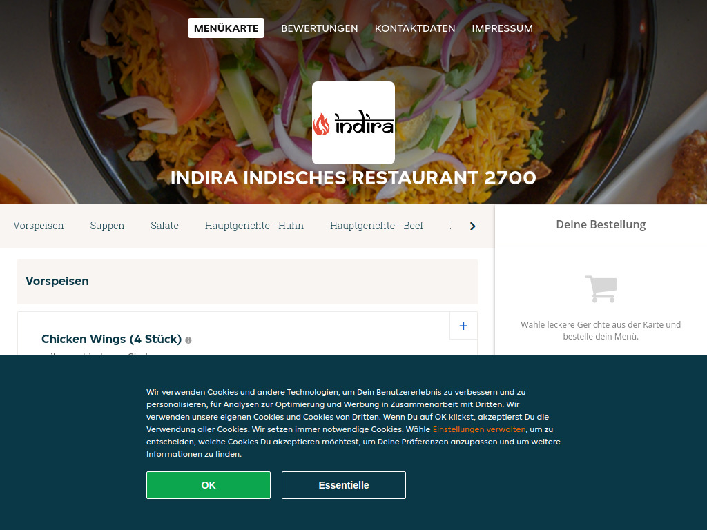 Website von Indira Indisches Restaurant 2700 - Essen online bestellen in Wiener Neustadt in Wiener Neustadt