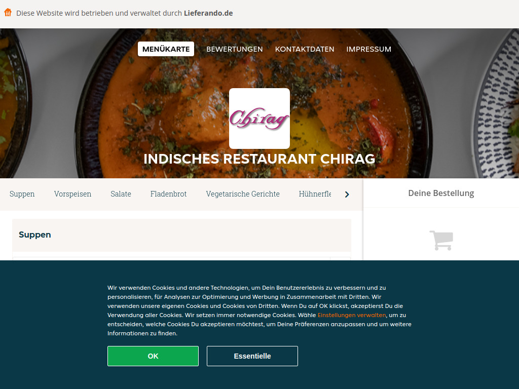 Website von Indisches Restaurant Chirag - Essen online bestellen in Berlin