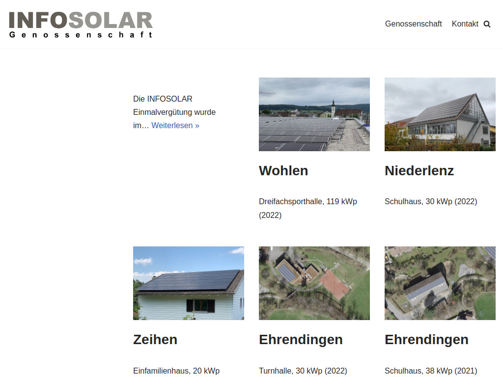 Website von INFOSOLAR Genossenschaft in Unterentfelden