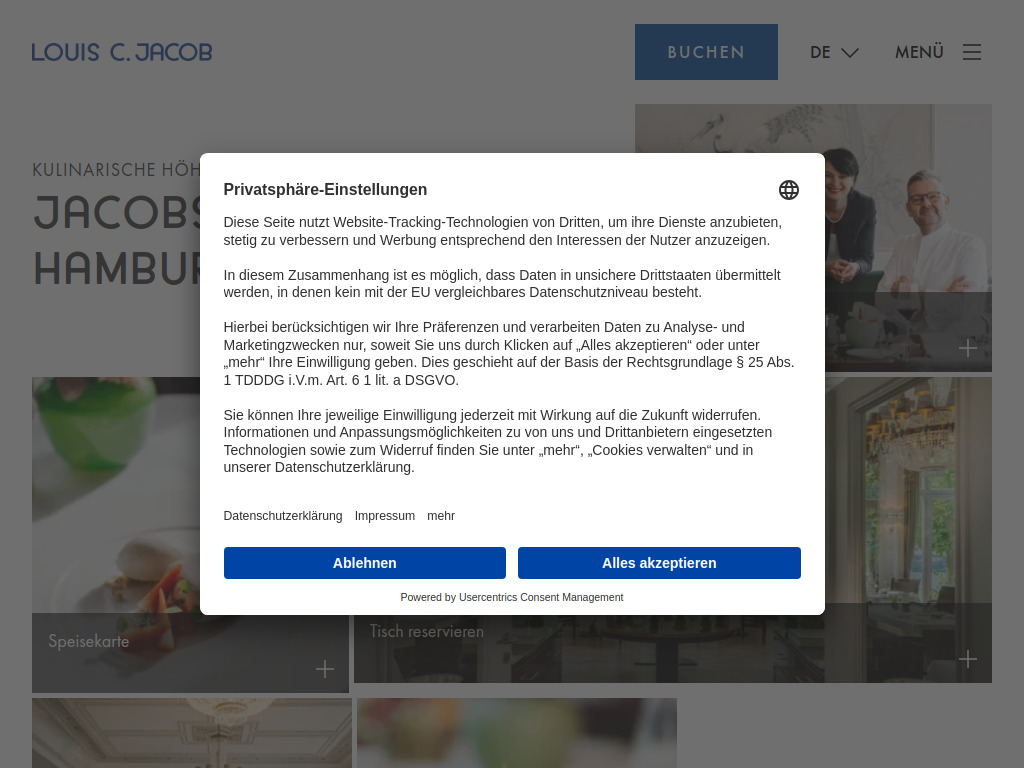 Website von Jacobs Restaurant Hamburg