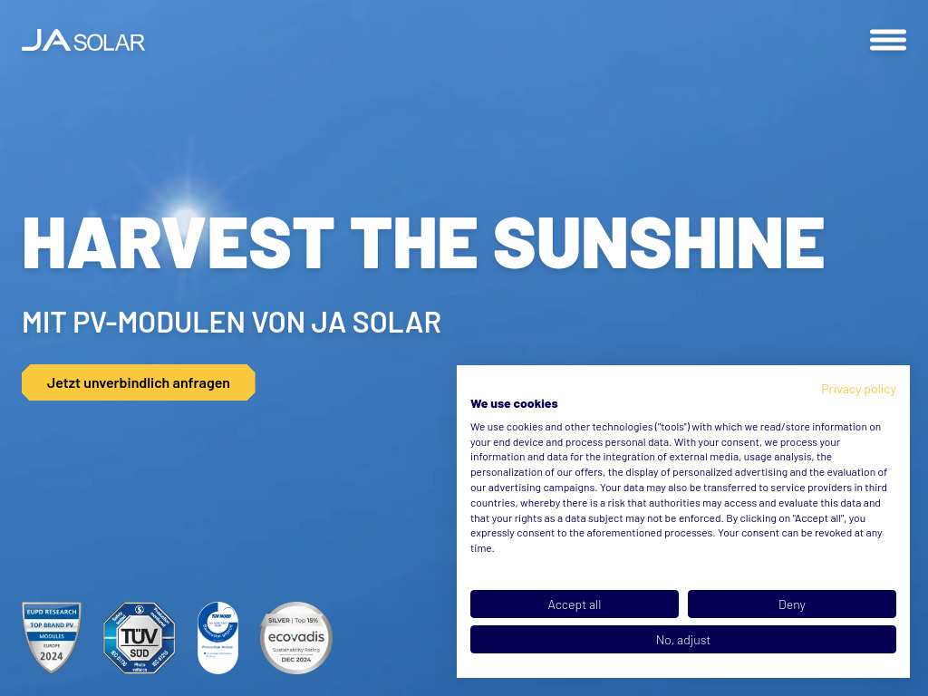 Website von JA SOLAR GmbH in München