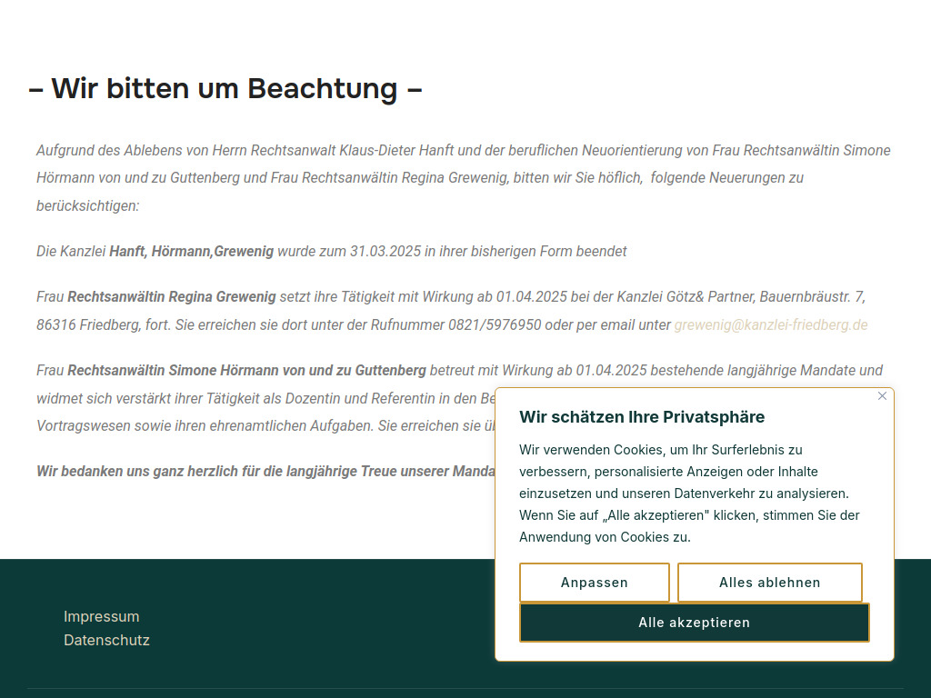 Website von kanzlei-hanft.de in Friedberg
