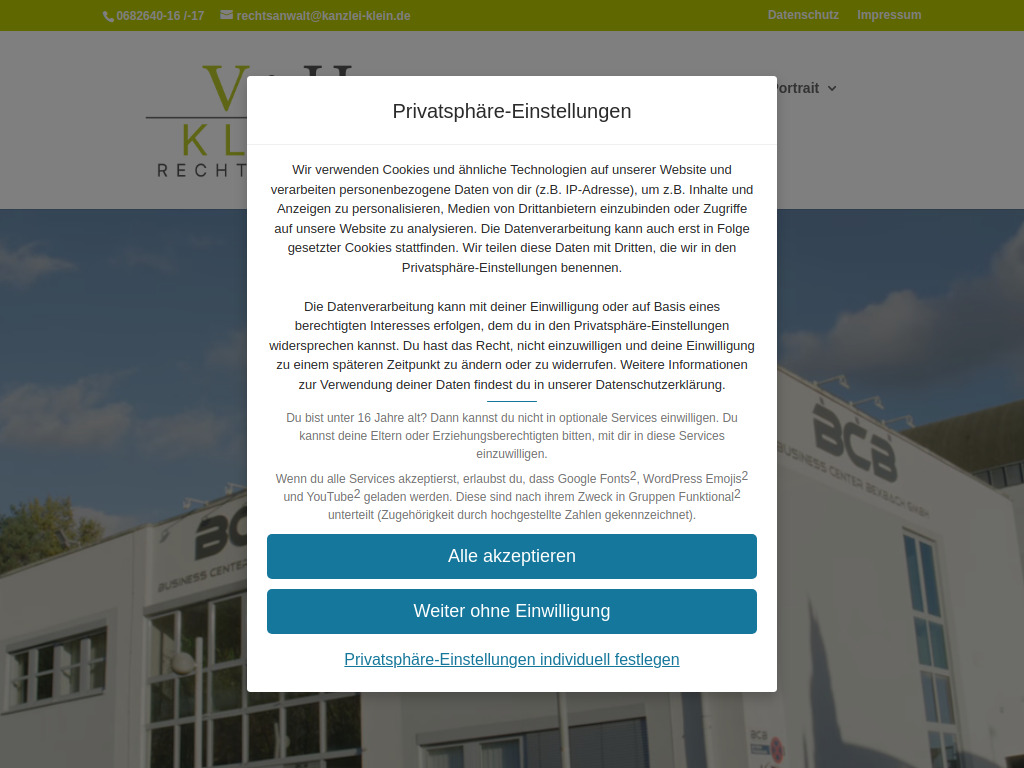 Website von Rechtsanwaltskanzlei Volker Klein in Bexbach