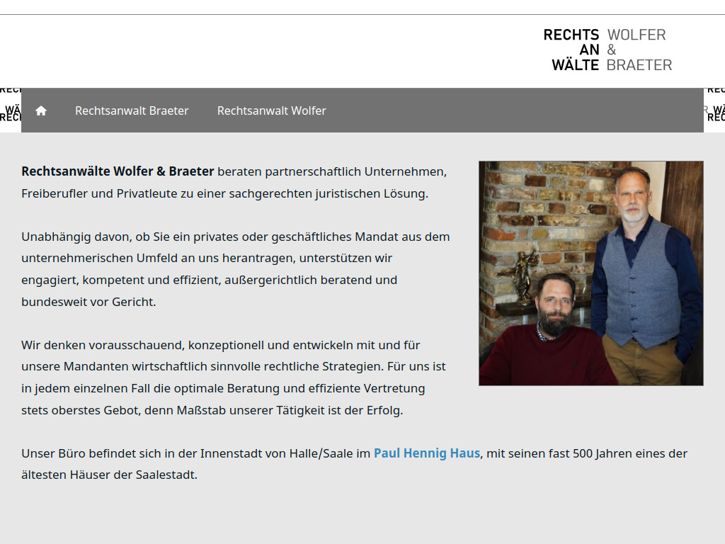Website von Rechtsanwälte Wolfer & Braeter in Halle (Saale)