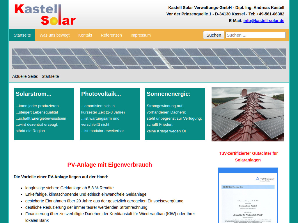 Website von Kastell Solar Verwaltungs-GmbH in Kassel