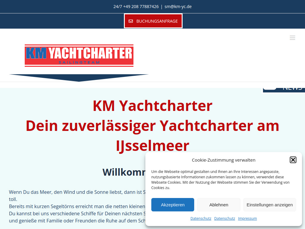 Website von KM Yachtcharter GmbH in Mülheim an der Ruhr