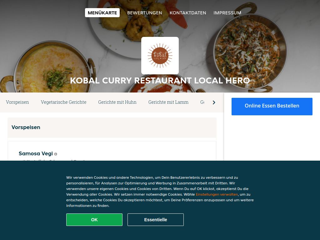 Website von Kobal Curry Restaurant Local Hero - Essen online bestellen in Zürich
