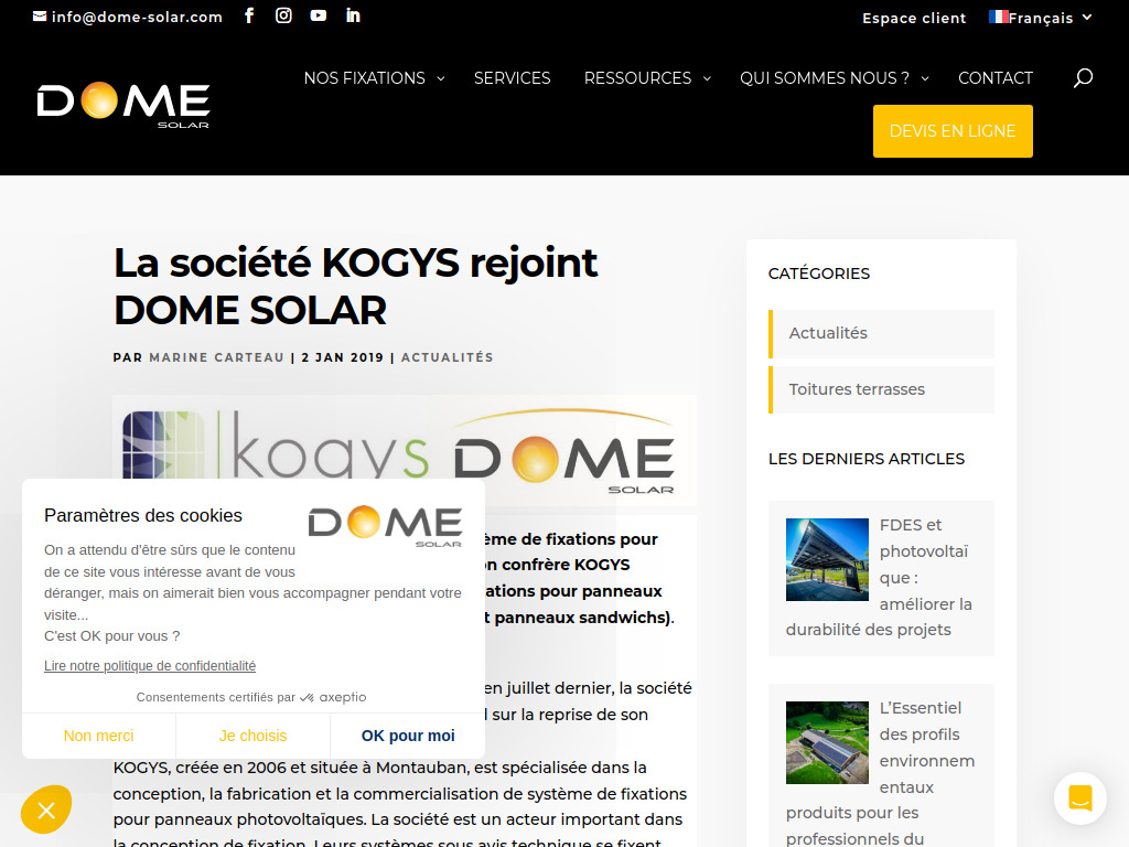 Website von La société KOGYS rejoint DOME SOLAR - Dome Solar in Riom Contact presse