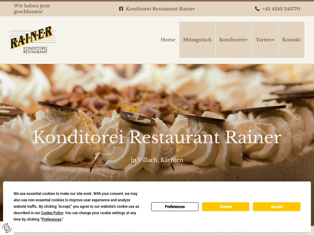 Website von Konditorei Restaurant Rainer in Villach