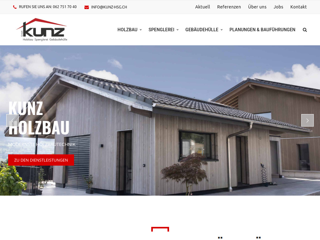 Website von Kunz Holzbau, Spenglerei & Gebäudehülle GmbH in Brittnau