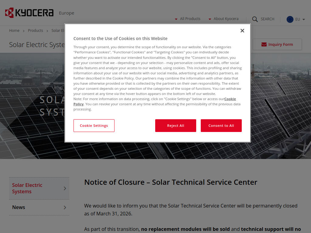 Website von KYOCERA Europe GmbH in Esslingen