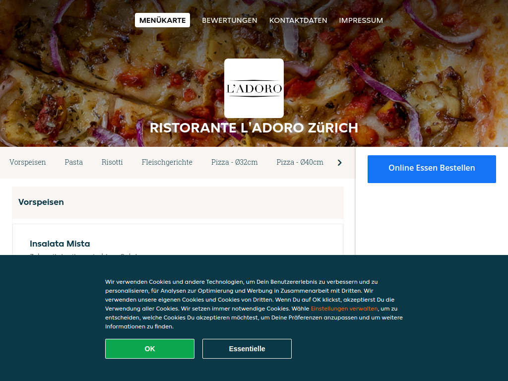 Website von Ristorante L'Adoro Zürich - Essen online bestellen in Zürich