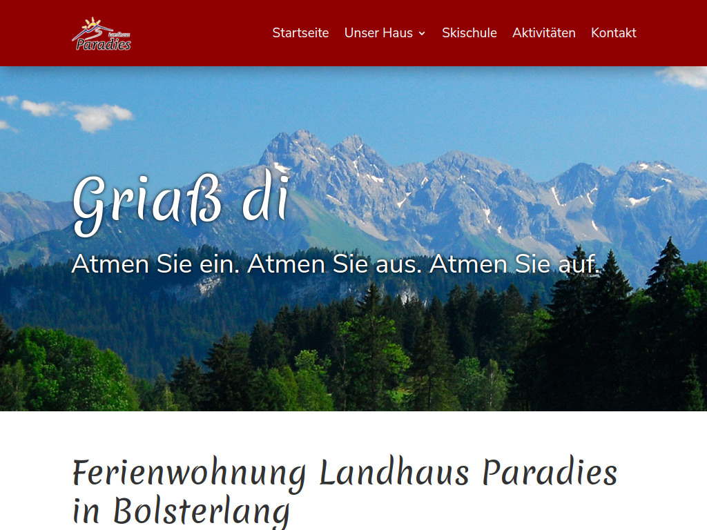Website von Landhaus Paradies in Bolsterlang