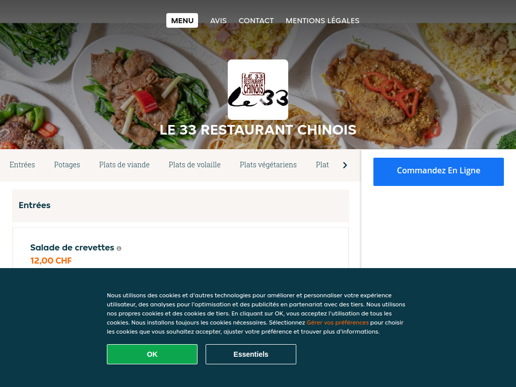 Website von Le 33 Restaurant Chinois - Commander un repas en ligne à Genève in Genève
