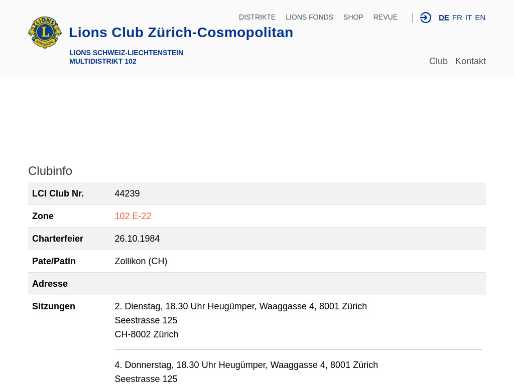 Website von Lions Club Zürich-Cosmopolitan in Zone