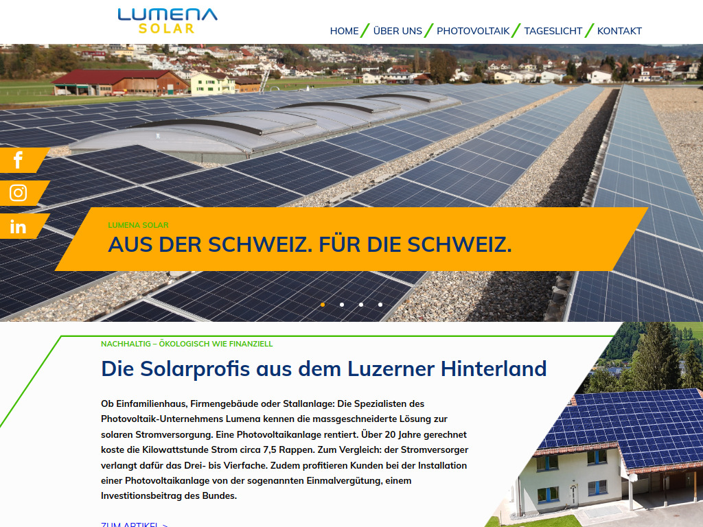 Website von Sonnenenergie speichern mit den Photovoltaik von Lumena Schweiz