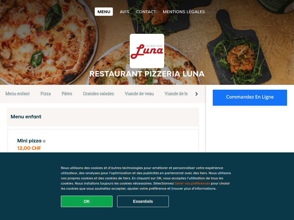Website von Restaurant Pizzeria Luna in Genève