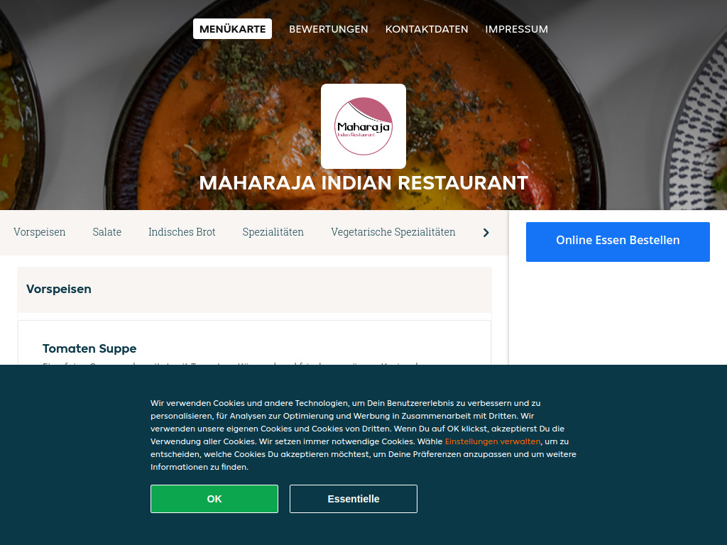 Website von Maharaja Indian Restaurant - Essen online bestellen in Interlaken in Interlaken