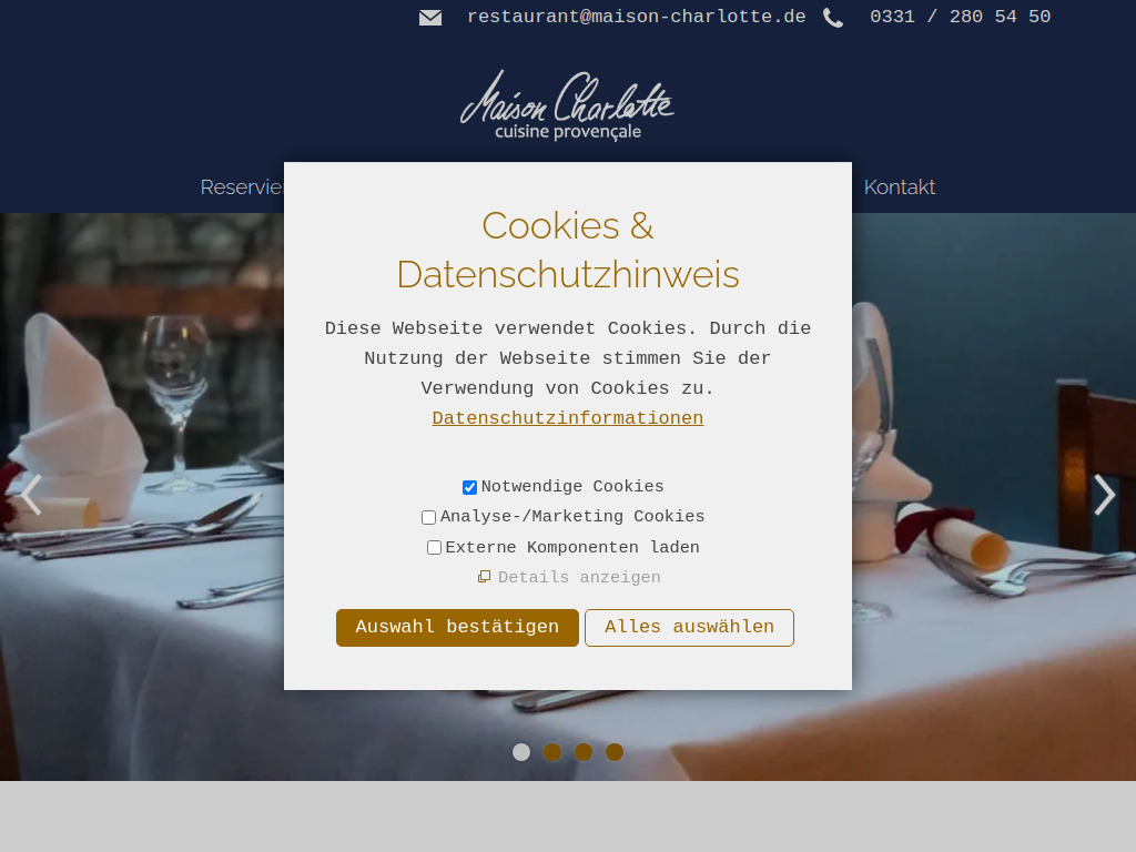 Website von Restaurant Maison Charlotte in Potsdam