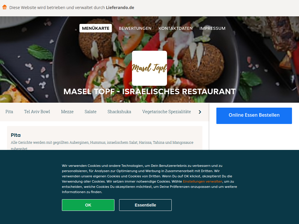 Website von Masel Topf - Israelisches Restaurant - Essen online bestellen in Berlin