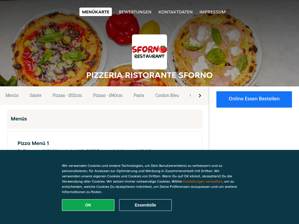 Website von Pizzeria Ristorante Sforno - Essen online bestellen in Zürich