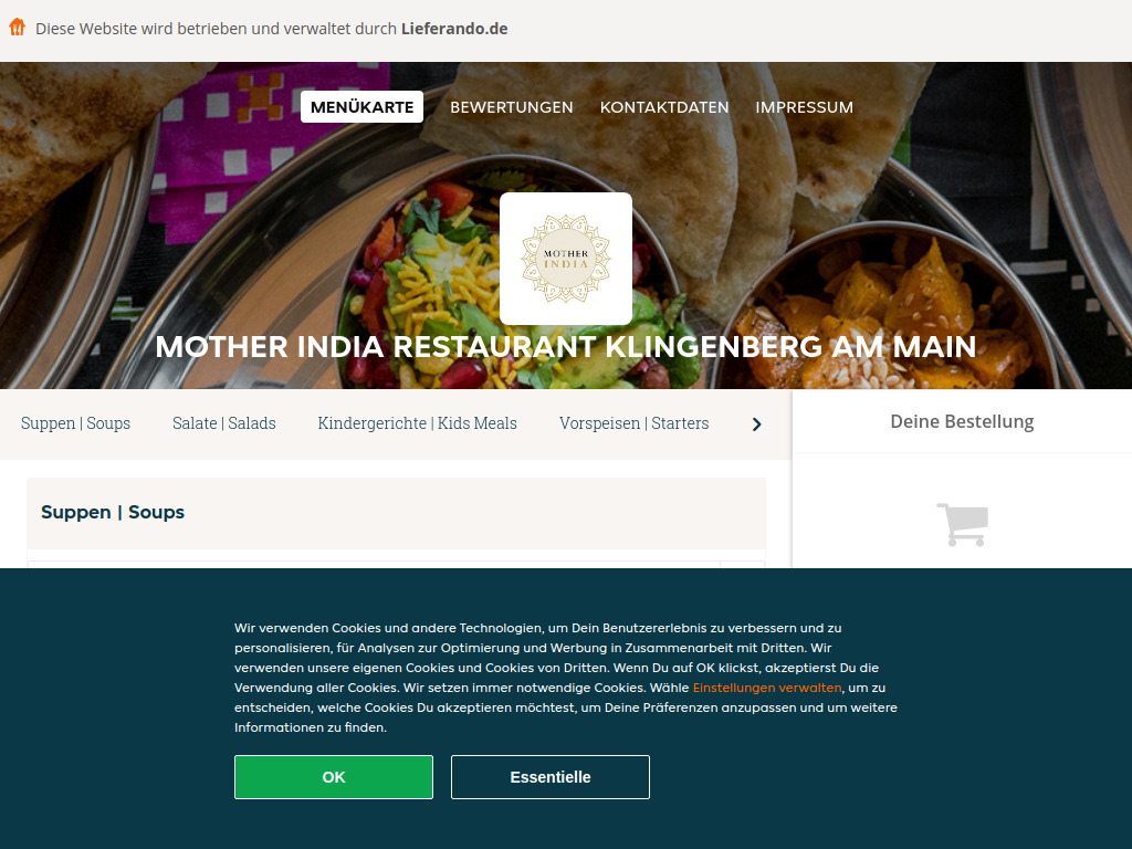 Website von Mother India Restaurant in Klingenberg am Main