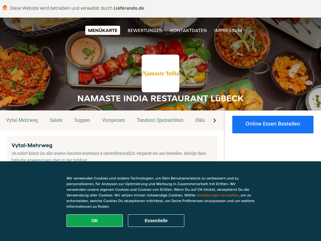 Website von Namaste India Restaurant Lübeck - Essen online bestellen in Lübeck in Lübeck