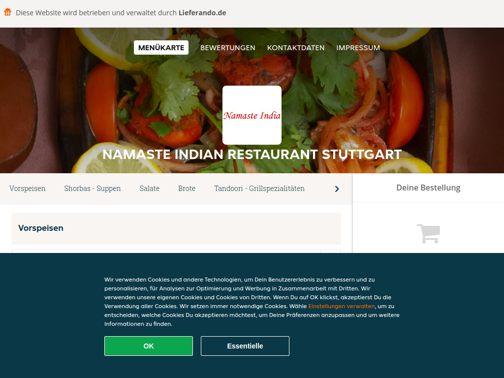 Website von Namaste Indian Restaurant Stuttgart - Essen online bestellen in Stuttgart in Stuttgart