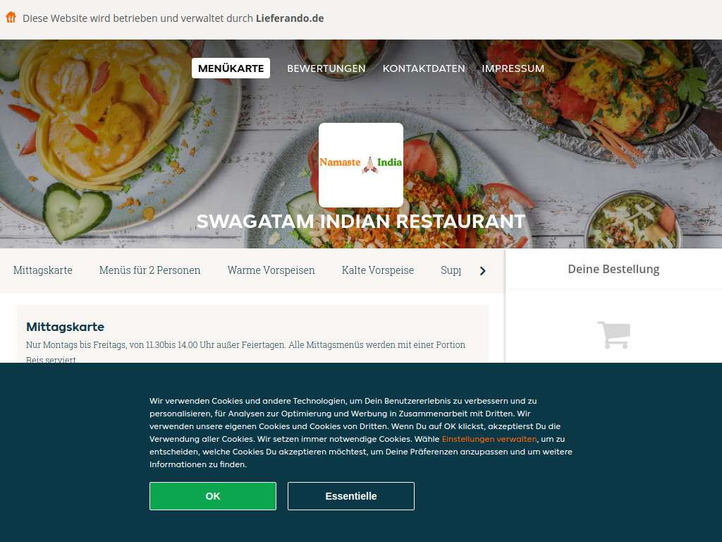 Website von Swagatam Indian Restaurant - Essen online bestellen in Emmering in Emmering