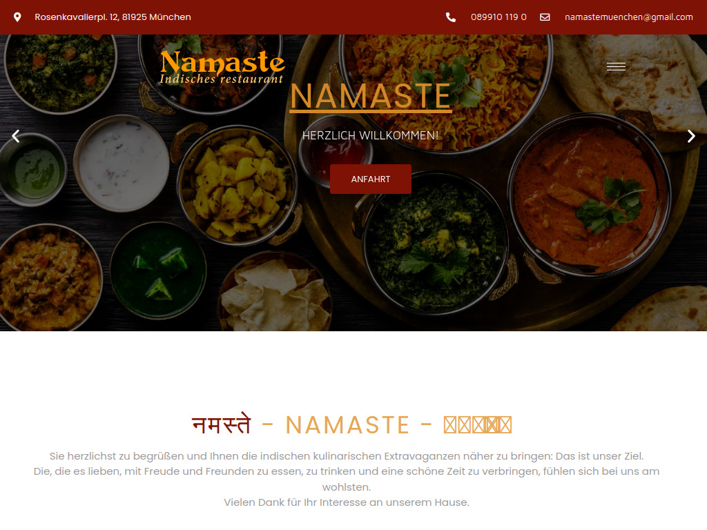 Website von Namaste Restaurant in München