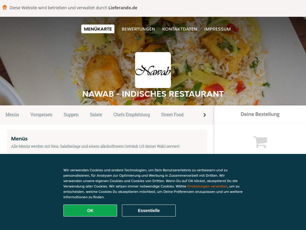 Website von Nawab - indisches Restaurant - Essen online bestellen in Berlin