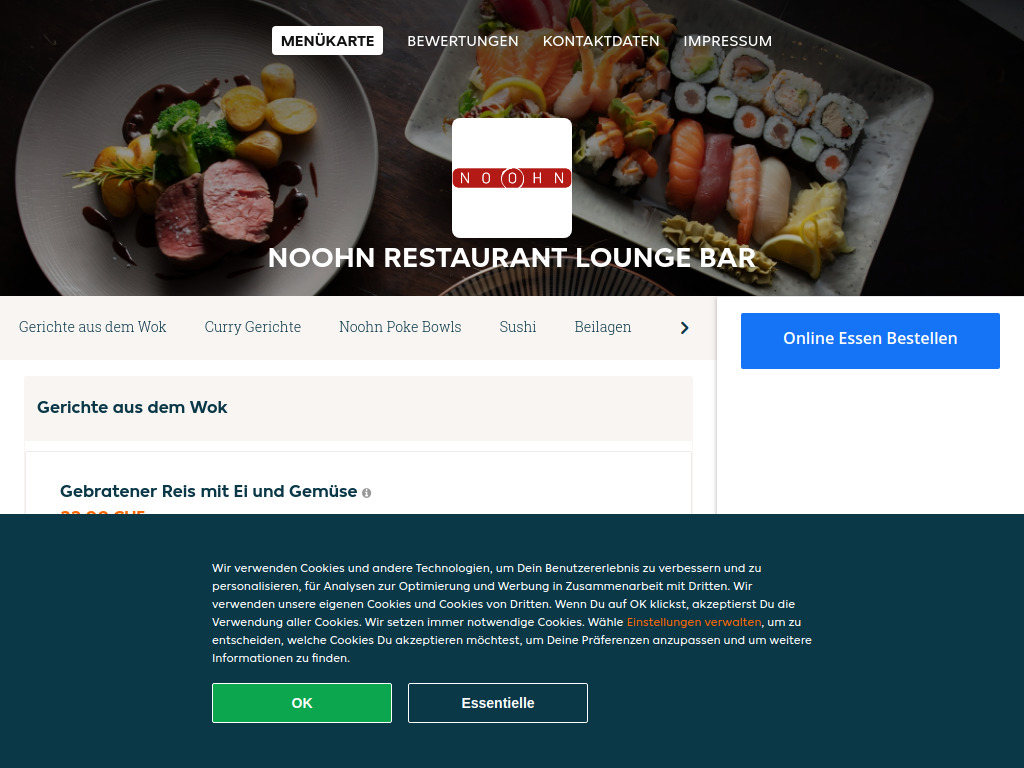 Website von Noohn Restaurant Lounge Bar - Essen online bestellen in Basel in Basel