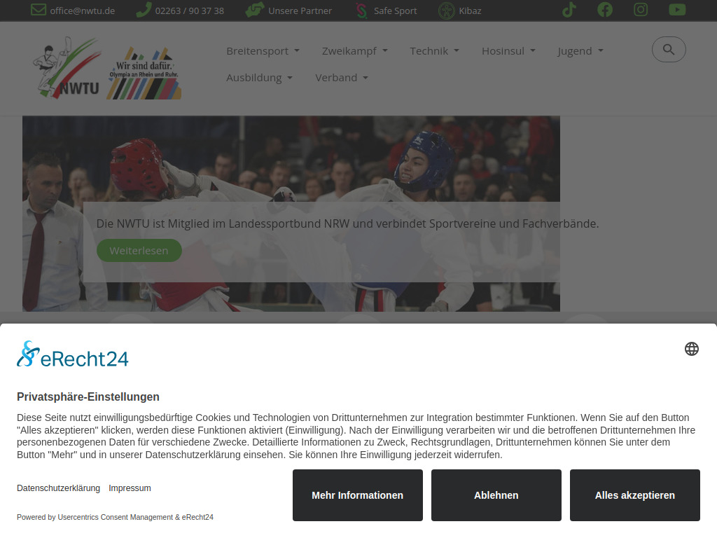 Website von Nordrhein-Westfälische Taekwondo Union e.V. in Engelskirchen
