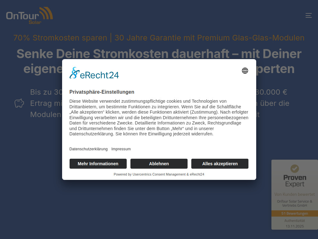 Website von OnTour Solar Service & Vertriebs GmbH in Zwingenberg