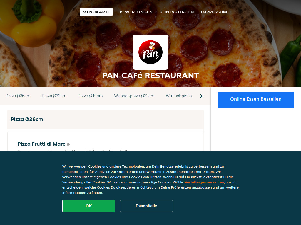 Website von Pan Café Restaurant - Essen online bestellen in Brittnau in Brittnau