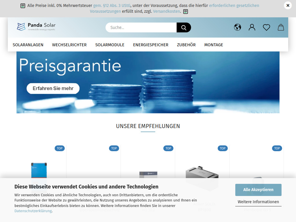 Website von Panda-Solar I Solar Onlineshop für PV & Energiespeicher