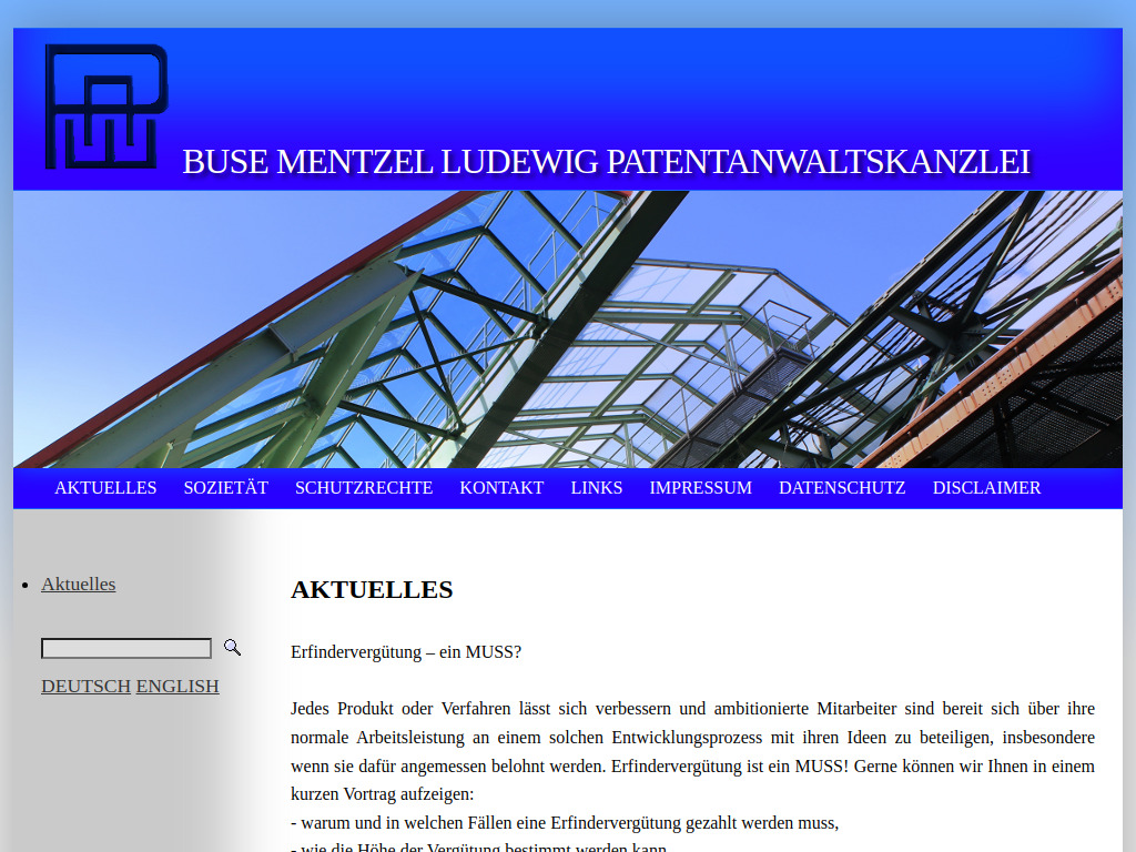 Website von Buse Mentzel Ludewig Patentanwaltskanzlei