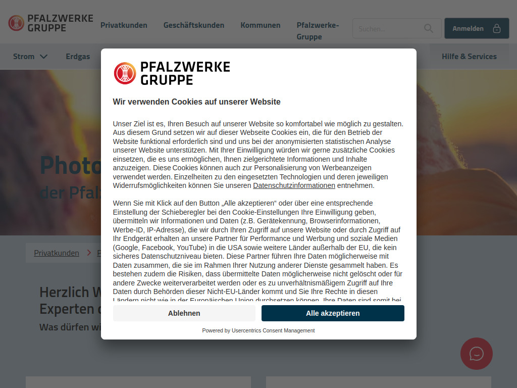 Website von Pfalzwerke Aktiengesellschaft in Ludwigshafen