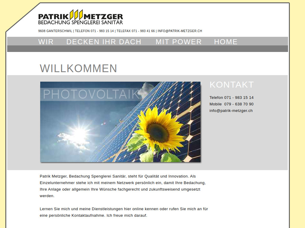 Website von Patrik Metzger Bedachung Spenglerei Sanitär Photovoltaik Bltzschutz in Ganterschwil