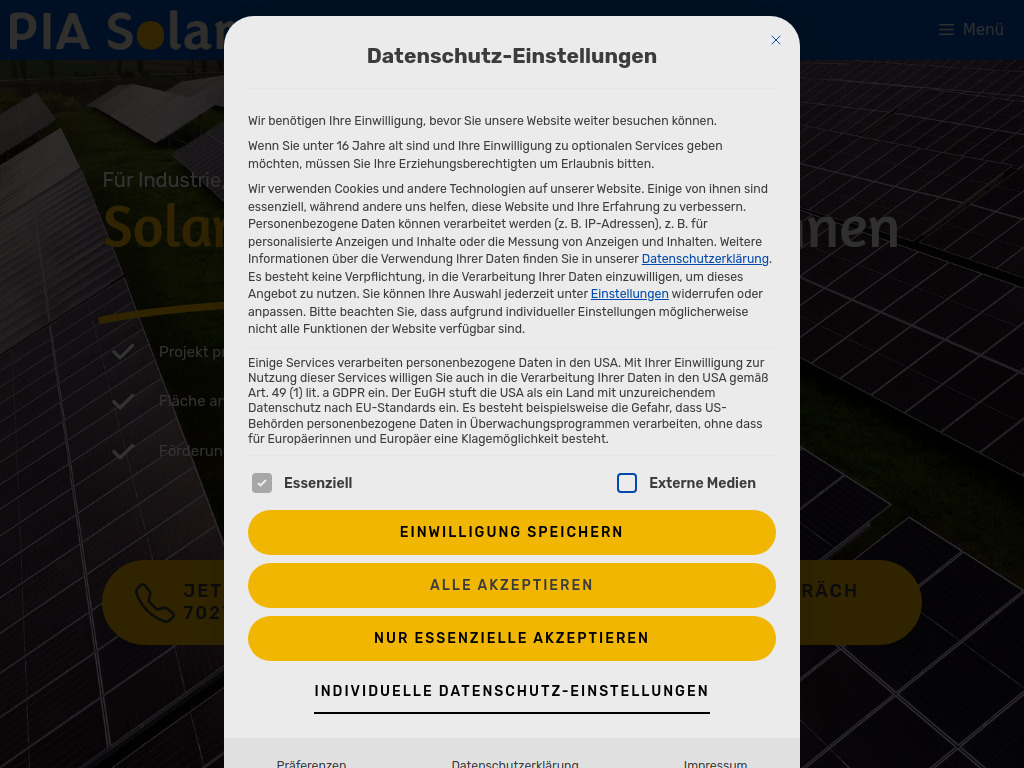 Website von PIA Solar GmbH in Mannheim