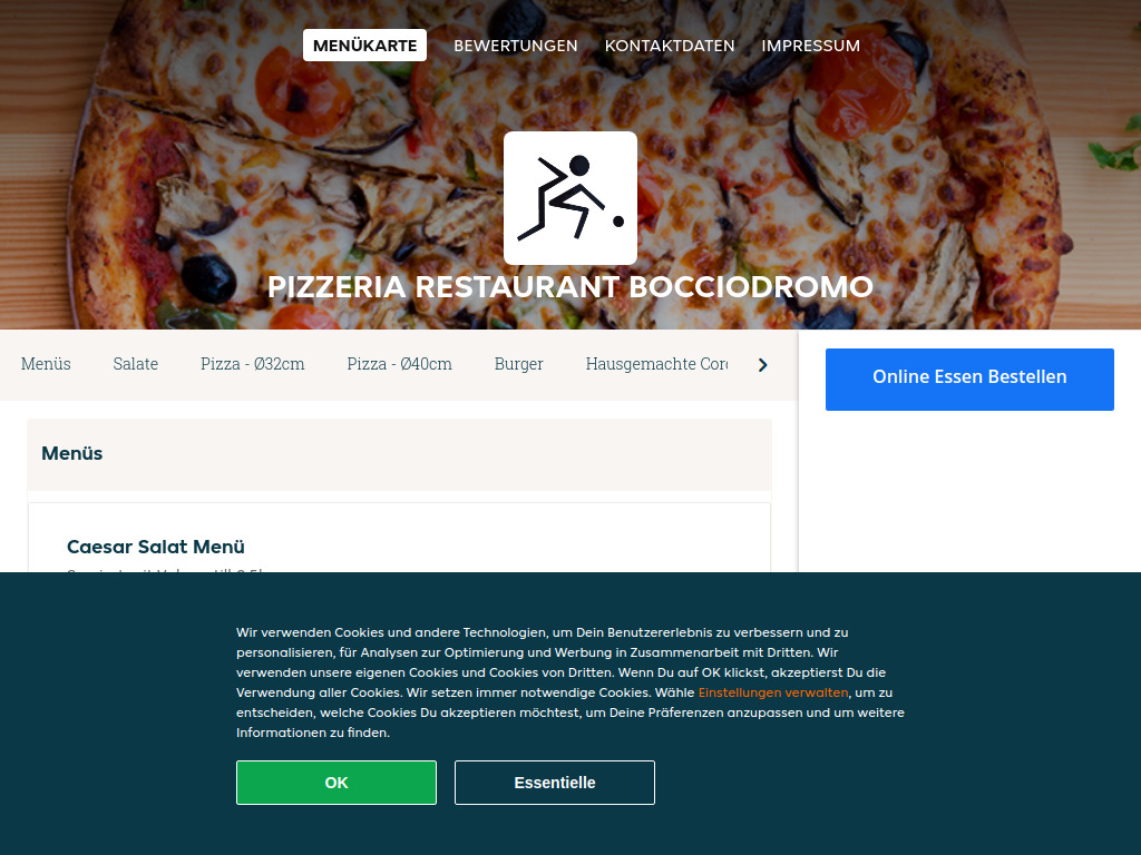 Website von Pizzeria Restaurant Bocciodromo - Essen online bestellen in Zug in Zug