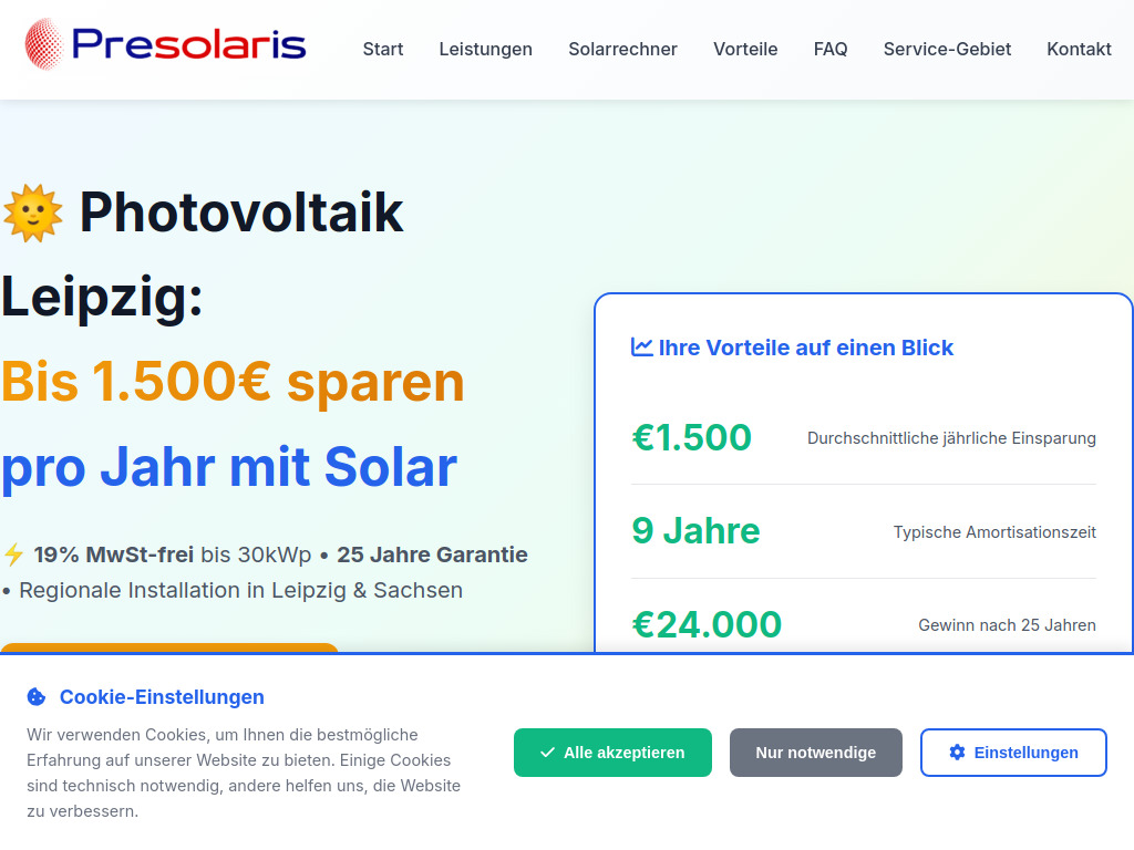 Website von Presolaris Unternehmensgesellschaft mbH in Leipzig